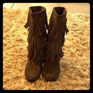 Grey Minnetonka Fringe Boots